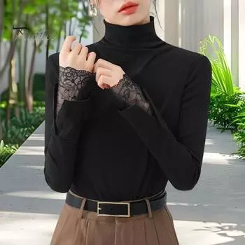 Женские топы-джемперы Slim Fit с высоким воротником и длинными рукавами, с разрезами, кружевными манжетами, однотонные топы-джемперы L чёрный