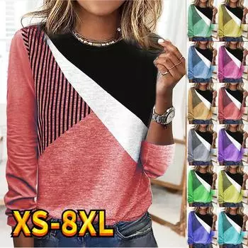 Женские топы Футболка Футболка с геометрическим рисунком в стиле пэчворк Активная роспись Уличная одежда Круглый вырез с длинным рукавом Выходные с принтом XS-8XL S