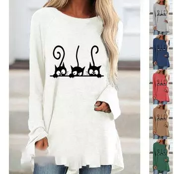 Женские топы Футболка Футболка с рисунком кота с принтом Активный спорт Повседневная Праздник Повседневная домашняя с длинным рукавом Круглый вырез Базовый XS-6XL S