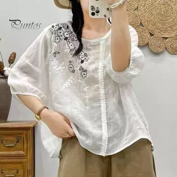 Женские топы, футболка с круглым вырезом и рукавами 3/4, вышитая цветочным узором, однотонная футболка свободного покроя, уличная одежда 2XL зелёный