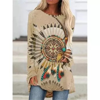 Женские топы Футболка с принтом «Ловец снов» Модные повседневные футболки с длинным рукавом Осенние женские повседневные топы с круглым вырезом в стиле Харадзюку S