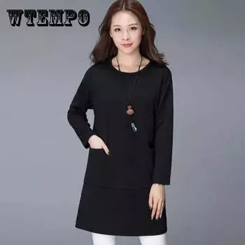 Женские топы, футболка, женская блузка, осенняя повседневная блузка, тонкий круглый воротник, однотонный пуловер с длинными рукавами XXXXXL чёрный