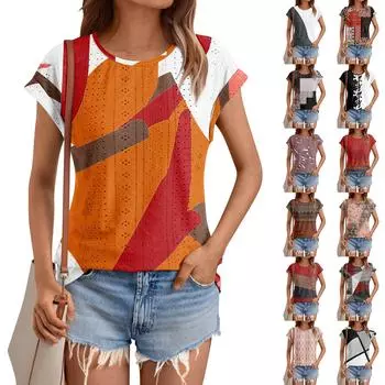 Женские топы, футболки с коротким рукавом, блузки с принтом, нарядные повседневные ажурные вышивки, летняя модная одежда XXL