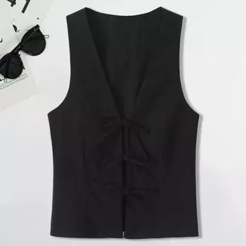 Женские топы, глубокий свободный крой, жилет спереди, однотонный, свободный, с v-образным вырезом, без рукавов, на шнуровке, в повседневном стиле XS чёрный