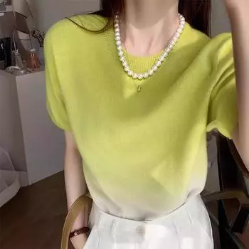 Женские топы, градиентный цвет, вязаный свитер с короткими рукавами и круглым вырезом, свободная нижняя рубашка One size жёлтый