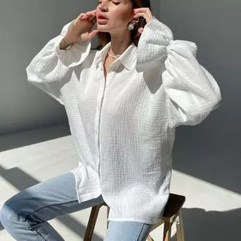 Женские топы, хлопковая блузка, осенняя рубашка с длинным рукавом, 2023, рубашка с расклешенными рукавами, повседневная свободная одежда, белые рубашки Blusas 28166 S белый