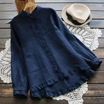 Женские топы и блузки из льна, однотонные, с оборками, отложным воротником, с длинным рукавом, однобортные, с неровным подолом, для женщин XXXXXL белый