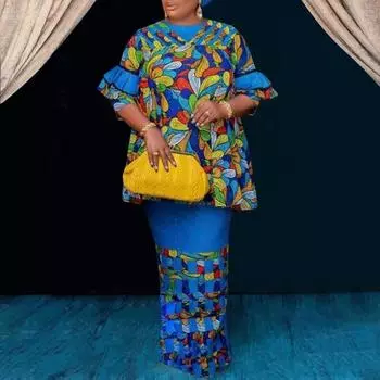 Женские топы и юбки больших размеров с круглым вырезом и оборками на рукавах с принтом M синий