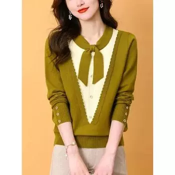 Женские топы из двух частей с V-образным вырезом на осень, новые цветные свитера с лентами, женские рубашки с низом свитера S красный