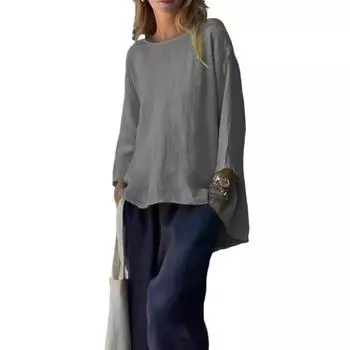 Женские топы из хлопка и льна с круглым вырезом и длинным рукавом, дышащая свободная футболка, однотонные легкие топы 2XL