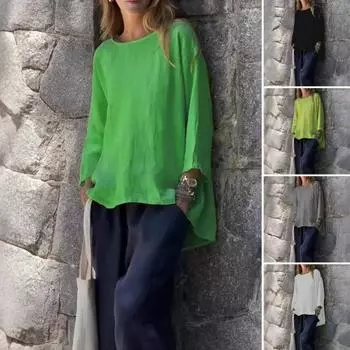 Женские топы из хлопка и льна с круглым вырезом и длинным рукавом, дышащая свободная футболка, однотонные легкие топы 2XL