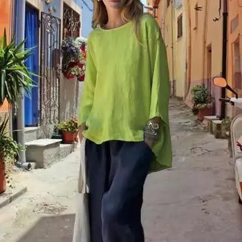 Женские топы из хлопка и льна с круглым вырезом и длинным рукавом, дышащая свободная футболка, однотонные легкие топы 2XL