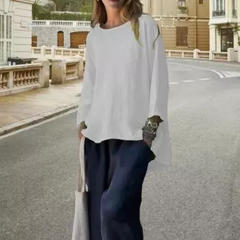 Женские топы из хлопка и льна с круглым вырезом и длинным рукавом, дышащая свободная футболка, однотонные легкие топы 3XL