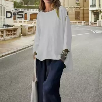 Женские топы из хлопка и льна с круглым вырезом и длинным рукавом, дышащая свободная футболка, однотонные легкие топы 3XL зелёный