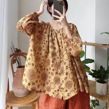 Женские топы Johnature на весну и осень, винтажные повседневные универсальные свободные рубашки с длинными рукавами и круглым вырезом на пуговицах, женские рубашки One Size жёлтый