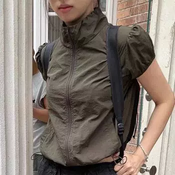 Женские топы-карго, футболка с короткими рукавами и воротником-стойкой с карманами, однотонные спортивные топы на молнии XL чёрный