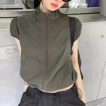 Женские топы-карго, футболка с короткими рукавами и воротником-стойкой с карманами, однотонные спортивные топы на молнии L чёрный