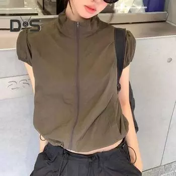 Женские топы-карго, футболка с короткими рукавами и воротником-стойкой с карманами, однотонные спортивные топы на молнии L чёрный