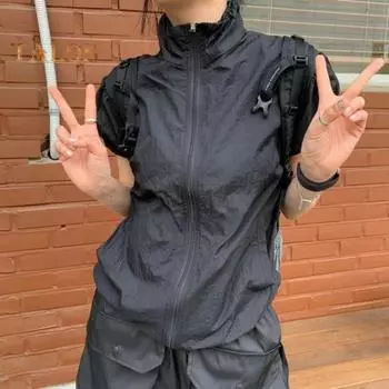 Женские топы-карго, футболка с короткими рукавами и воротником-стойкой с карманами, однотонные спортивные топы на молнии L чёрный