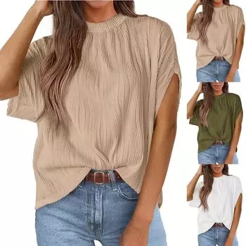 Женские топы, летние повседневные рубашки с круглым вырезом и коротким рукавом, текстурированные рубашки для выхода в свет, блузка для работы, базовая туника, топ S чёрный