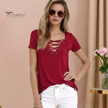 Женские топы, летние сексуальные однотонные футболки с v-образным вырезом и короткими рукавами, облегающие тонкие пуловеры с галстуком, повседневная одежда 2XL хаки