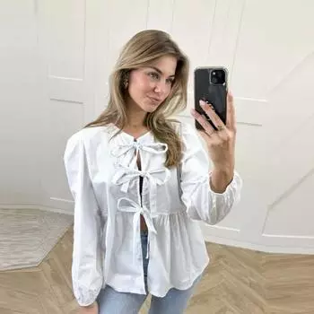 Женские топы Летние топы с бантами Блузка с длинными рукавами-фонариками Блузка со шнуровкой и бантом Уличная одежда M чёрный