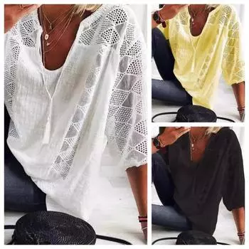 Женские топы Летняя мода Белые рубашки Женская хлопковая рубашка с U-образным вырезом и рукавами три четверти Повседневная свободная блузка с кружевной строчкой Одежда 24294 S белый