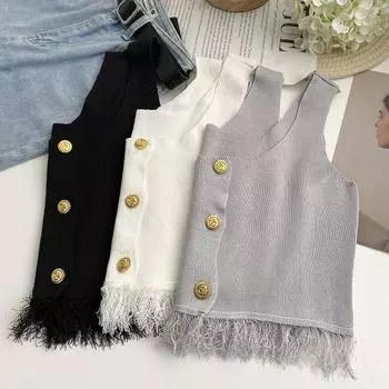 Женские топы-майки с круглым вырезом и кисточками, модные, темпераментные, однотонные, однобортные, трикотажные, без рукавов, кардиганы