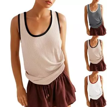 Женские топы-майки с круглым вырезом, ребристые, цветные, повседневные летние топы, свободный крой, базовые рубашки без рукавов XS красный