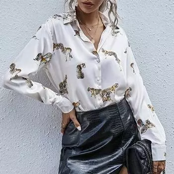 Женские топы, модная темпераментная однобортная рубашка с длинными рукавами и лацканами с рисунком тигра 5XL белый
