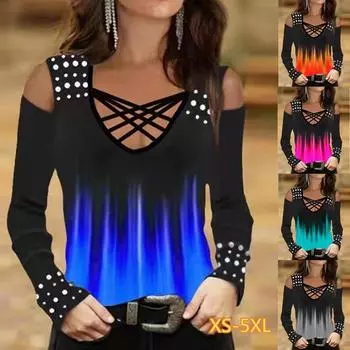 Женские топы, модная женская футболка с пламенным принтом и длинным рукавом, тонкая футболка с перекрестным вырезом, большие размеры, мягкий удобный топ с принтом S синий