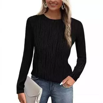 Женские топы, модные, повседневные, с длинным рукавом, с круглым вырезом, базовые футболки, однотонные, свободные, текстурированные блузки, наряды S чёрный
