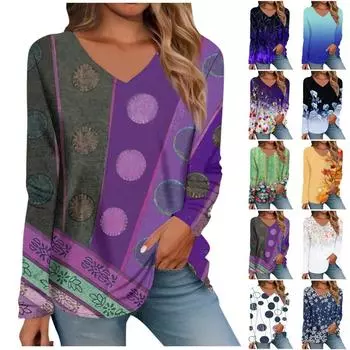 Женские топы, модные ретро-принты, рубашки с длинным рукавом и V-образным вырезом, легкие толстовки, базовые блузки S