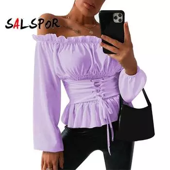 Женские топы, модные женские футболки с открытыми плечами и рюшами, однотонная летняя блузка с длинными рукавами