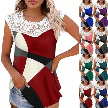 Женские топы на бретельках с круглым вырезом и кружевной вставкой с геометрическим рисунком и принтом S розовый