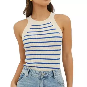 Женские топы на бретельках с лямкой на бретельках, летние полосатые эластичные трикотажные рубашки на бретельках, облегающие рубашки S синий