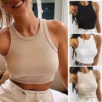 Женские топы на бретелях, летние базовые топы на бретельках без рукавов, тонкие трикотажные блузки в рубчик с гоночной спиной M чёрный
