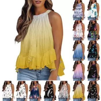 Женские топы на бретелях, нарядные повседневные летние модные рубашки, женский сексуальный жилет с рюшами и морщинами с цветочным принтом M белый