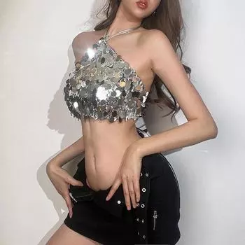 Женские топы на бретелях с блестками, с открытой спиной и завязкой на спине, без рукавов, на бретельках, укороченные топы на бретелях S