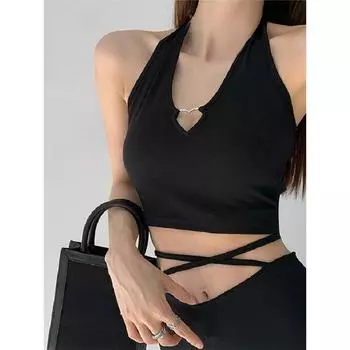 Женские топы на бретелях с v-образным вырезом и сердечком, лето 2024, модные тонкие укороченные майки на шнуровке S белый