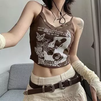 Женские топы на бретелях Y2K, повседневные уличные топы, жилет на слинге для женщин, спортивные спортивные топы для девочек S темно-коричневого