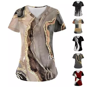 Женские топы на пуговицах с V-образным вырезом, модные повседневные топы с геометрическим принтом, топы для кормящих мам, топы-халаты для женщин, 2 кармана XXXL