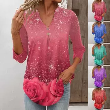 Женские топы на пуговицах с v-образным вырезом Женские топы с рукавами 4/3 Неровный низ Топы с рукавами 4/3 Повседневные повседневные топы Модные топы с рукавами 4/3 Футболки L розовый