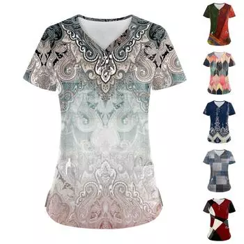 Женские топы на пуговицах с V-образным вырезом, модные повседневные топы с геометрическим принтом, топы для кормящих мам, топы-халаты для женщин, 2 кармана XL