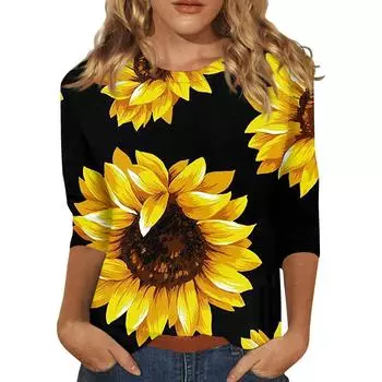 Женские топы на весну и лето, большие размеры, свободные, удобные футболки, модные, с цветочным принтом, с круглым вырезом, рукавом 3/4, мягкие, базовые футболки S