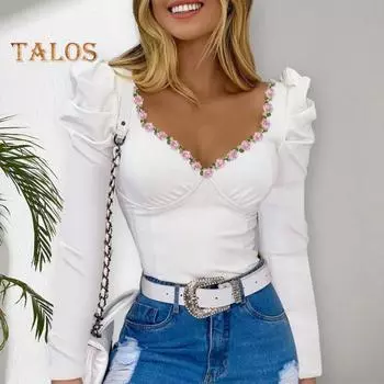 Женские топы на весну и лето, футболка с квадратным воротником и пышными рукавами, цветочный декор, однотонная облегающая футболка, уличная одежда S белый