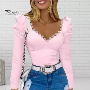 Женские топы на весну и лето, футболка с квадратным воротником и пышными рукавами, цветочный декор, однотонная облегающая футболка, уличная одежда S белый