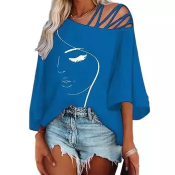 Женские топы на весну и лето, косой воротник с ремешками и рукавами 3/4, блузка с принтом лица, свободная футболка, уличная одежда 2XL