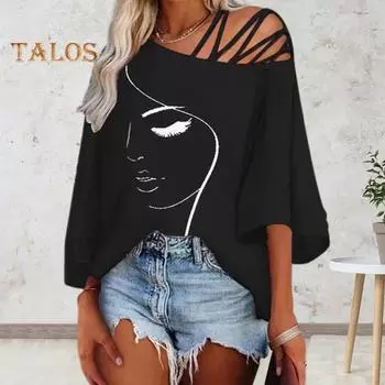 Женские топы на весну и лето, косой воротник с ремешками и рукавами 3/4, блузка с принтом лица, свободная футболка, уличная одежда S королевский синий