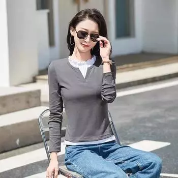 Женские топы на весну и лето, кружевной воротник, имитация двух частей, супер милая облегающая хлопковая футболка с высокой талией, имитация двух частей, длинный рукав S